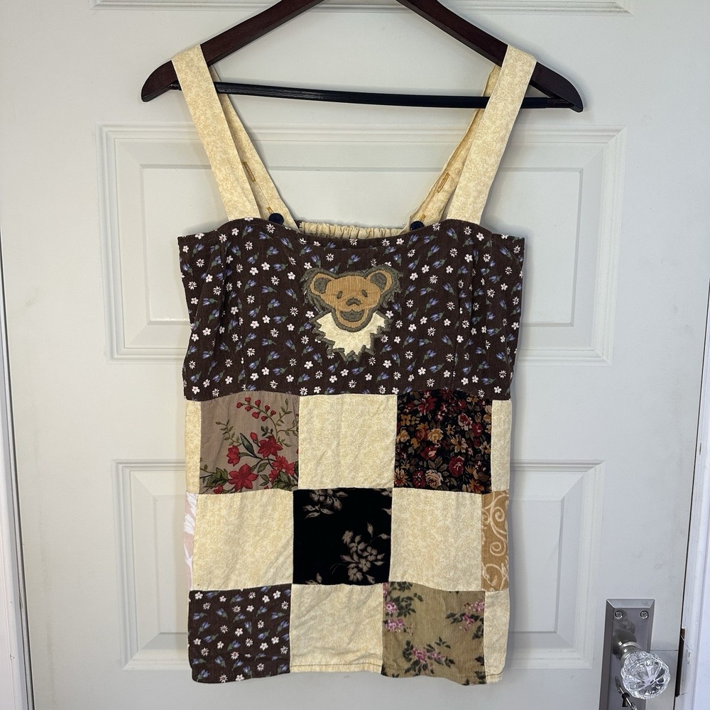 VTG Y2K Gypsy Rose Patchwork Tank Top Free Size Hippie Boho Grateful Dead Bear